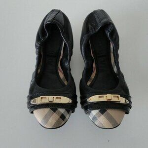 AUTH BURBERRY Black Leather Cap-Toe Scrunch Ballerina Flats Shoes 35.5/5.5 Italy